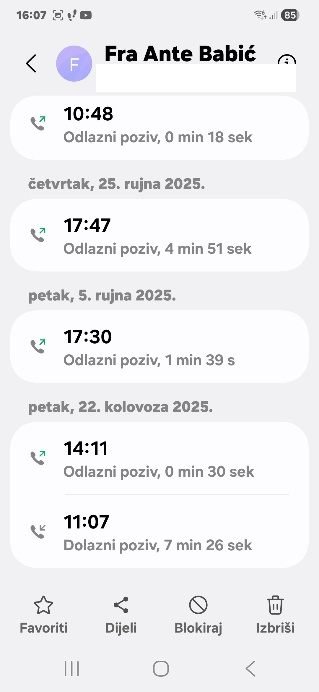 Popis poziva s fra Antom Babićem – dolazni poziv u 11:07