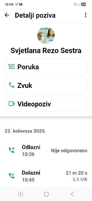 Popis poziva sa sestrom Svjetlanom 22. kolovoza 2025.